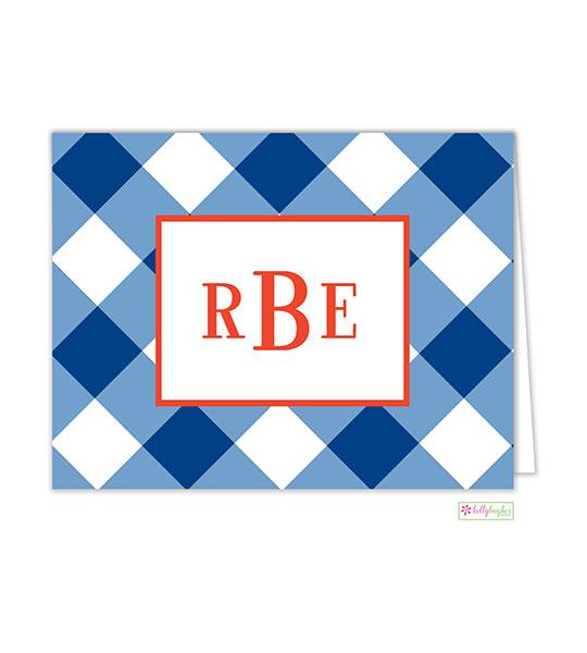 Blue Check Monogrammed Folded Note Cards - Kelly Hughes Designs