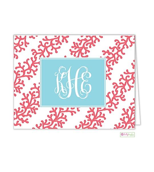 Coral Stripes Monogrammed Folded Note Cards - Kelly Hughes Designs