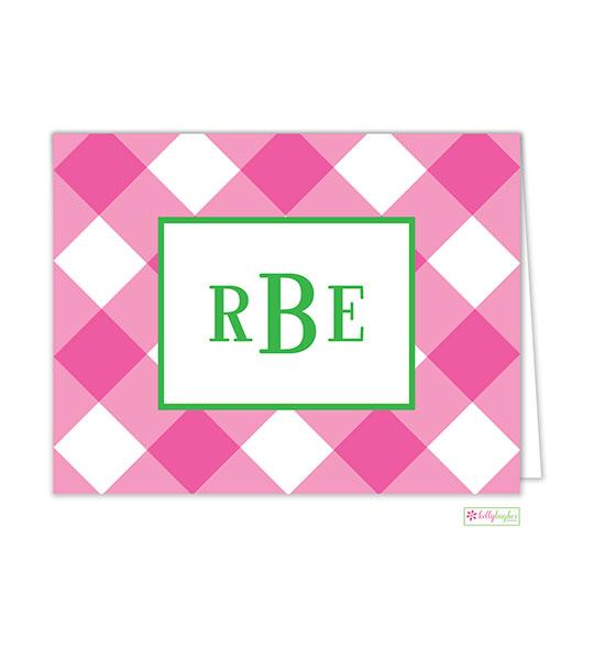 Pink Check Monogrammed Folded Note Cards - Kelly Hughes Designs
