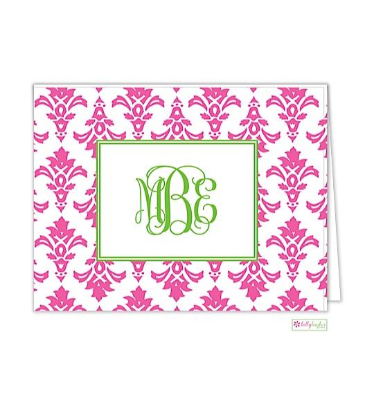 Pink Damask Monogrammed Folded Note Cards - Kelly Hughes Designs